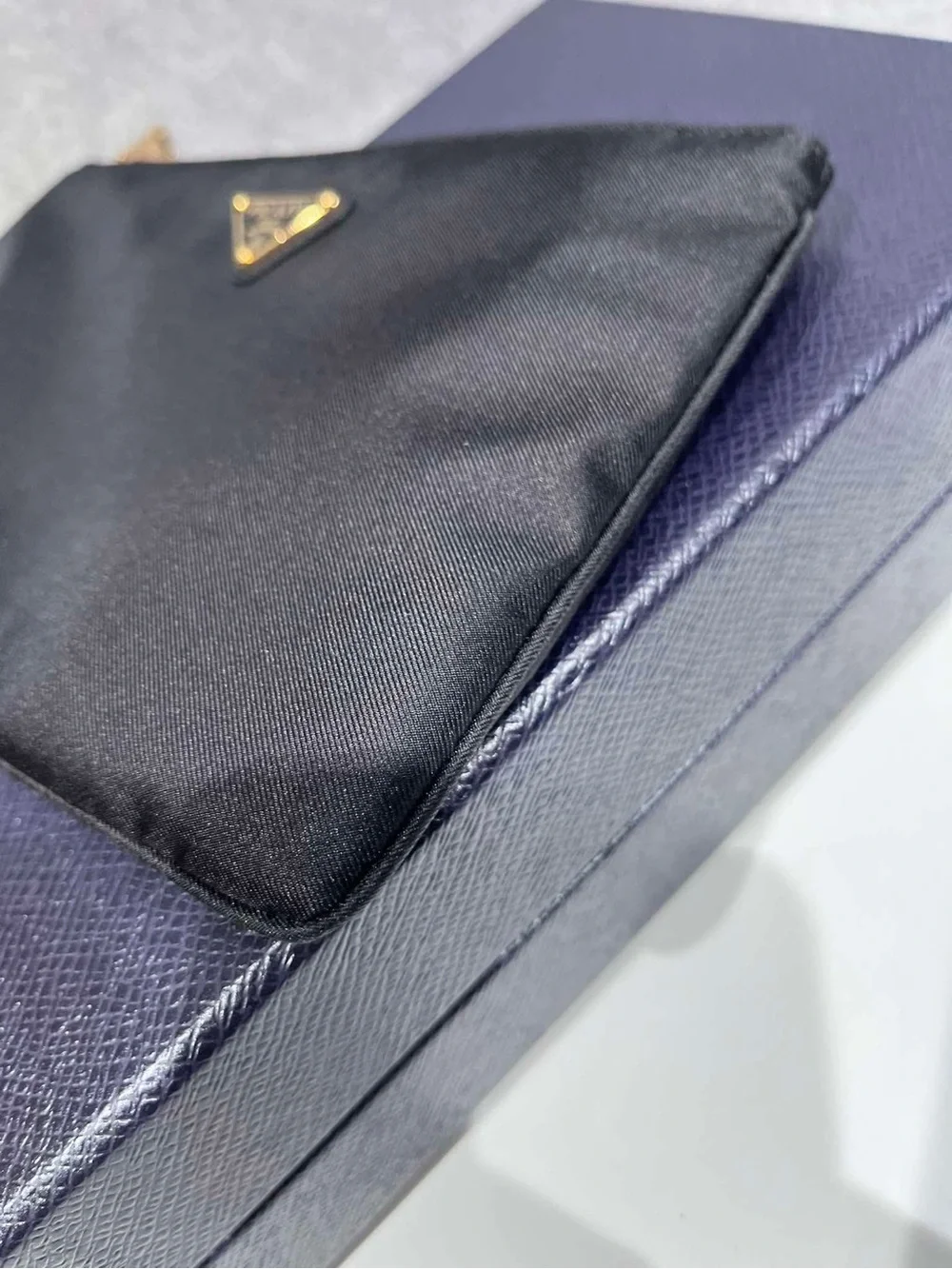 Prada Black Nylon Zip Pouch with Gold Triangle Logo Plate